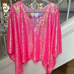 Fringe Studio Pink Sequin Blouse with Batwing Sleeves